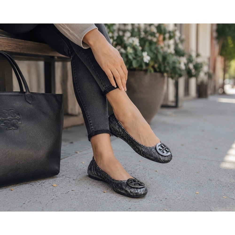 Tory Burch Reva Flats Womens 6 Black Metallic‎ Snakeskin Embossed Ballet